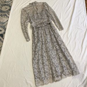 True Vintage Beautiful Silver Lace High Neck Custom Bridal Victorian Gown Sz M
